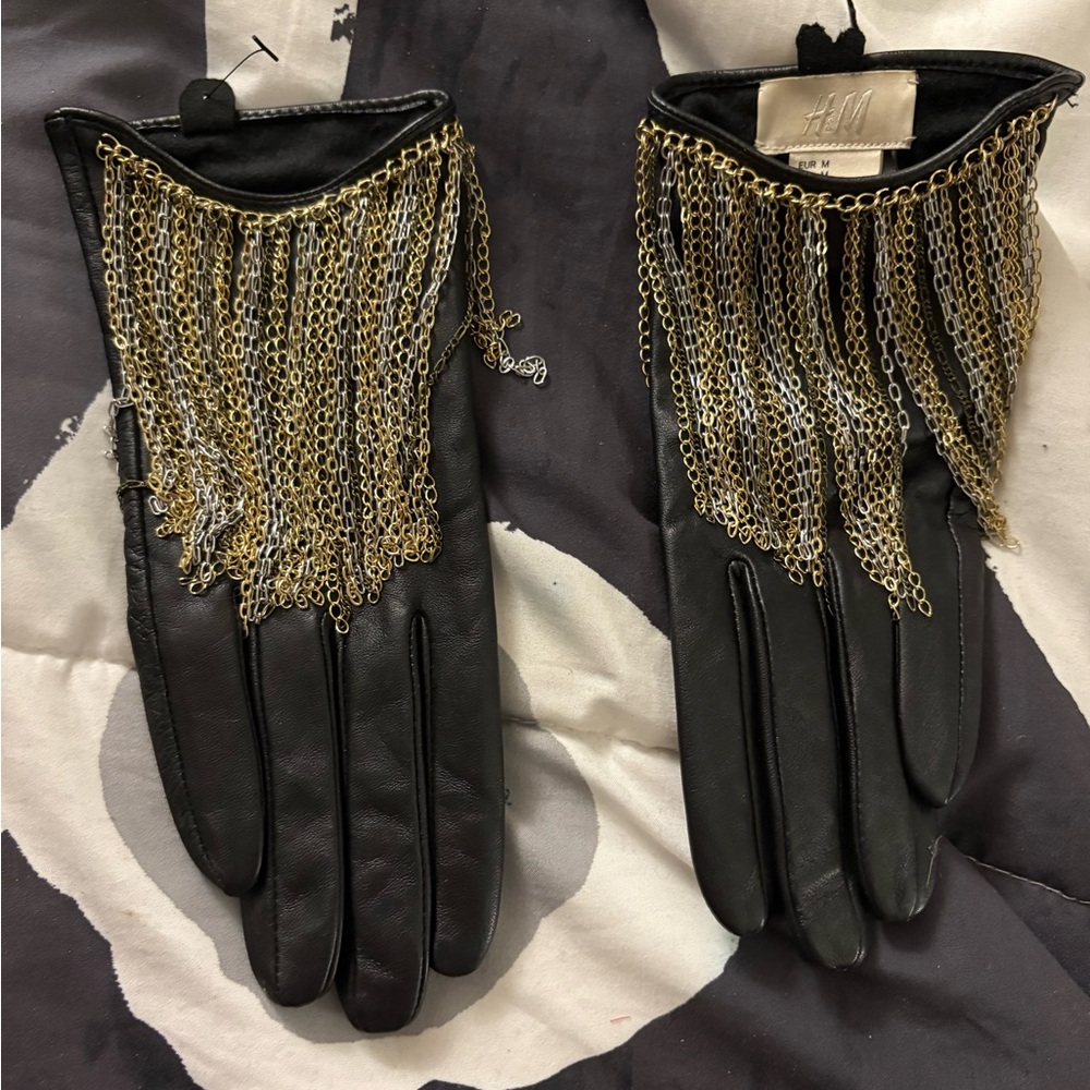H&M Black Gloves with Gold Chain Fringe